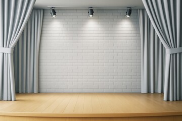Poster - Minimalist stage with wooden floor, spotlight lighting, grey curtains, and white brick wall background for design, branding or copyspace mockup.