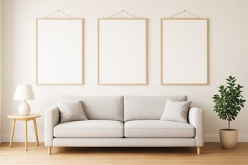 Poster - Cozy living room with blank frames above sofa in neutral tones, ideal for poster mockup, interior branding or advertising background concept.