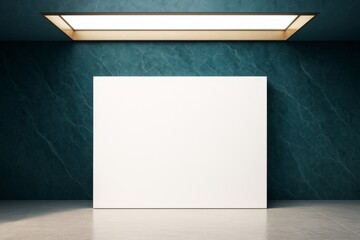 Poster - Blank white poster mockup in modern interior with marble wall and ceiling light for advertising or branding presentation concept.
