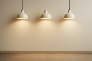 Poster - Minimalistic interior background with three hanging lamps casting warm light on a blank beige wall, ideal for copyspace or branding mockup design.
