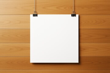 Poster - Blank white poster hanging on wooden wall background with binder clips, ideal for advertising, branding, or graphic design mockup template concept.