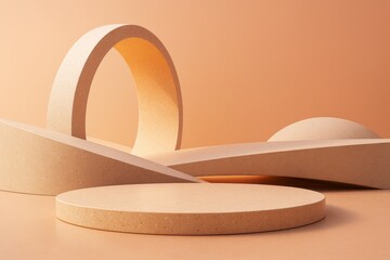 Poster - Abstract minimal scene with geometric shapes including arch and circle on warm beige background for creative design template or branding mockup.