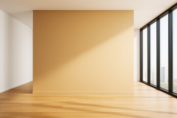 Poster - Empty beige wall in modern bright interior space with wooden floors and large windows, perfect for copyspace, advertising, or branding mockup design.
