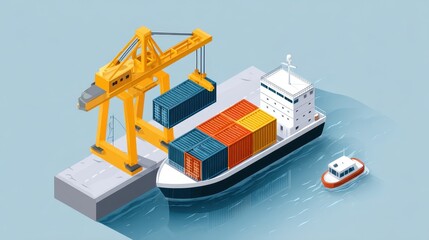 Poster - A vibrant illustration of a cargo ship at dock with containers, alongside a small tugboat and a crane, depicting maritime logistics.