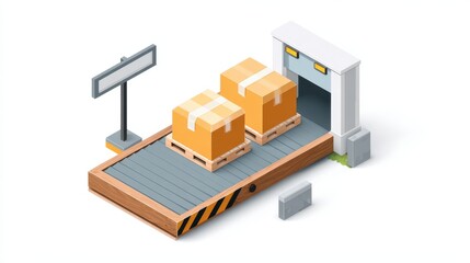 Poster - A loading dock with two stacked boxes ready for shipment, featuring a conveyor and a sign for direction.