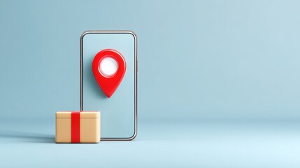 Poster - A smartphone with a location pin and a gift box symbolizes delivery and navigation in e-commerce.