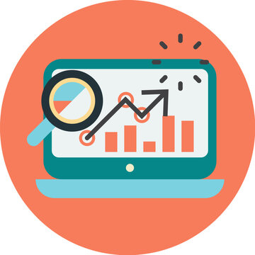 A computer screen displaying a rising graph, examined with a magnifying glass, indicating growth.