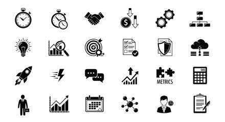 Poster - A comprehensive collection of business and productivity icons representing time management, financial analysis, and strategic planning elements for professional use