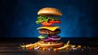 © DeepArt - Dynamic studio shot of a delicious cheeseburger with its fresh ingredients levitating against a blue background
