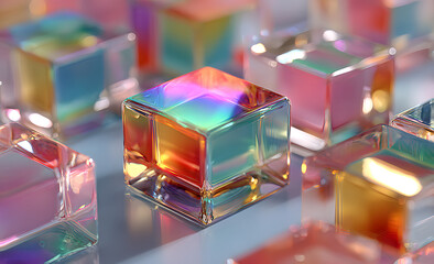 Poster - 3d glass holographic transparent square plate shapes on pastel macro background. Abstract geometric blocks with rainbow color gradient, dispersion light render. Digital tech banner. 3D illustration