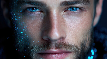 Poster - Close up of man face with striking blue eyes and digital circuit patterns on his skin, suggesting futuristic or cybernetic theme