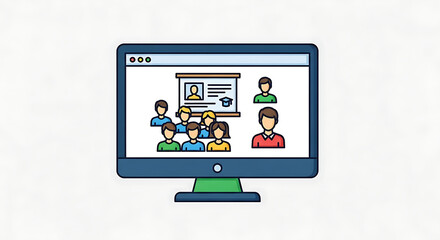 Poster - Illustration of online class on computer screen with students and teacher presentating lesson