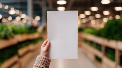 Wall Mural - Conscious consumerism concept, Blank paper held in hand, with a blurred background of plants and warm lights.