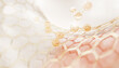 © marozhkastudio - 3d epidermis skin layer with hexagon cell pattern and molecule. Gold liquid honeycomb texture with cosmetic oil drop, collagen serum, retinol vitamin, hyaluron essence for moisture. 3D illustration