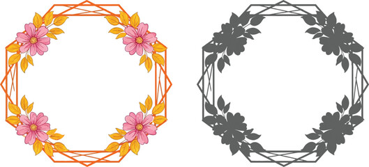 Poster - Download floral frame with pink flowers and gold leaves vector illustration template design free
