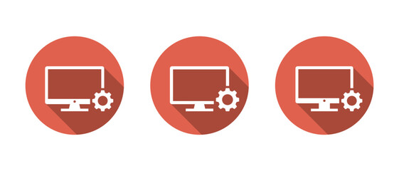 Poster - Desktop computer with settings gear. PC system control and technical setup concept with long shadow