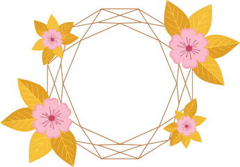 Poster - Floral geometric frame vector design with pink flowers and golden leaves for wedding invitation