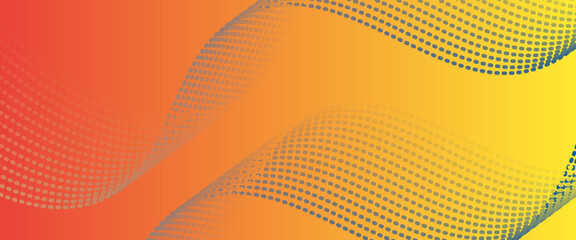 Poster - Flowing dots particles wave pattern pink and blue isolated on yellow, orange background gradient. Vector in concept of technology, science, music, modern.