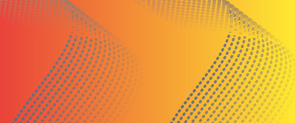 Poster - Flowing dots particles wave pattern pink and blue isolated on yellow, orange background gradient. Vector in concept of technology, science, music, modern. eps10