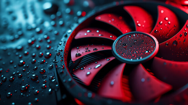 Water droplets adhering to cooling fan blades of powerful graphics card