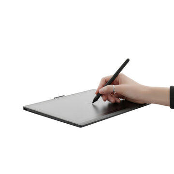A persons hand holding a stylus and drawing on a digital graphics tablet with a