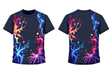 Poster - A dark-navy t-shirt design featuring vibrant, abstract, colorful paint splatter and star patterns on the left and right sides, shown in front and back views