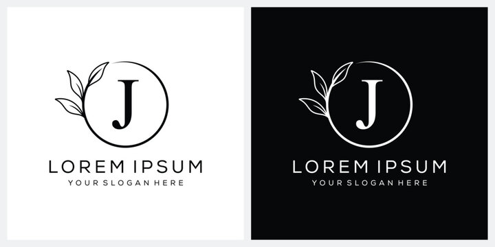 Initial letter j serif font logo design, cosmetics fashion and beauty graphic vector, leaves icon concept
