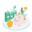 © ribitts - 貯金箱に座って資産を育てるビジネスウーマンのイラスト（貯金・資産形成・お金の知識）
