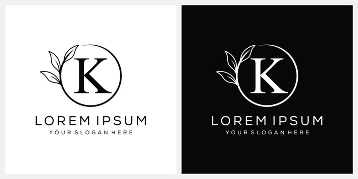 Initial letter k serif font logo design, cosmetics fashion and beauty graphic vector, leaves icon concept