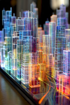 Real city skyline with holographic buildings, glowing outlines, translucent structures.
