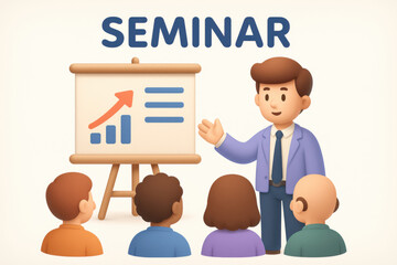 Poster - Business seminar concept with presenter and audience in 3d design