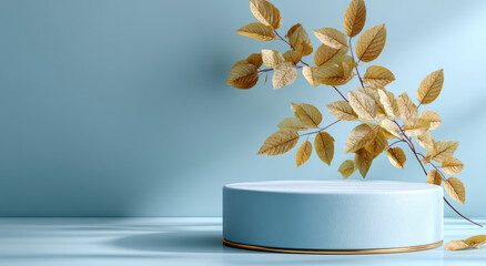 Poster - Light blue podium with golden leaves creates serene and elegant display against matching background
