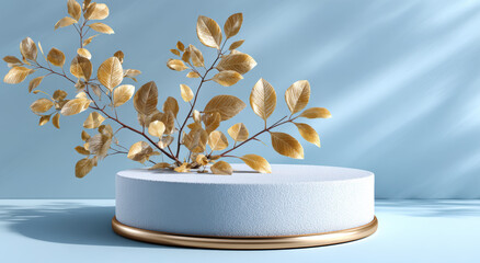 Poster - Elegant blue podium with golden leaves on textured surface, casting soft shadows