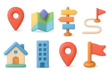 Poster - Colorful 3d navigation icons set with map, markers, and flags