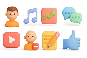 Poster - 3d cartoon icons: communication, music, and social media elements