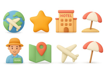 Poster - Travel elements set with airplanes, hotel, guide, and map in 3d style