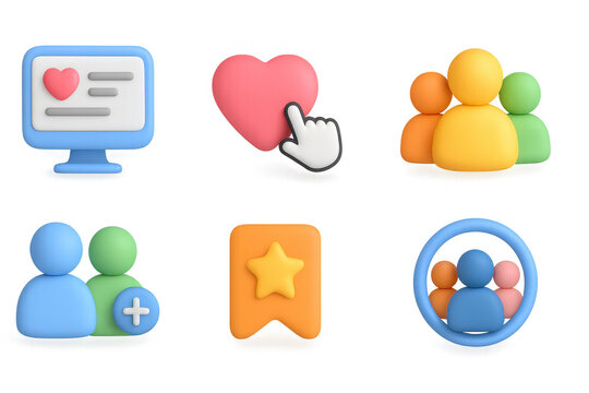 Colorful 3d icons set with heart, group, and star elements for modern ui design