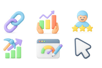 Poster - 3d business icons with graphs and analytics in pastel colors