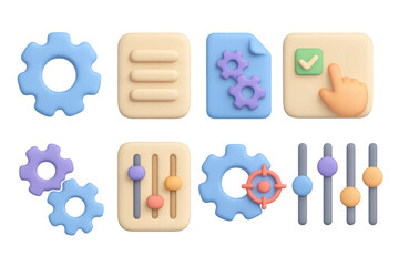 Poster - 3d gear icons collection: tools and settings in soft pastel colors