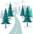 © Desingora - A tranquil winter journey on a winding snowy path with footprints through a peaceful teal evergreen forest.