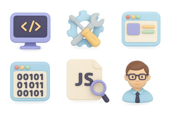 Poster - 3d developer tools icons set: code, configuration, programmer