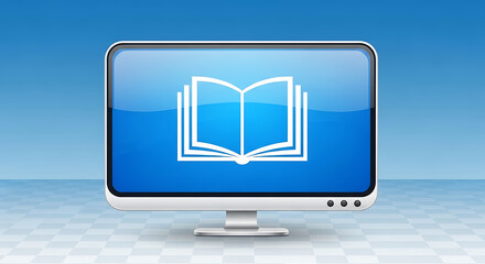 Poster - White computer monitor displaying a white open book icon against a blue background and checkered surface ai generated