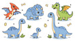 © meeblues - Adobe Illustrator artwork of a set of cute cartoon dinosaurs including a Pterodactyl, Triceratops, Brachiosaurus, and others, with eggs and bones. Perfect for children's designs