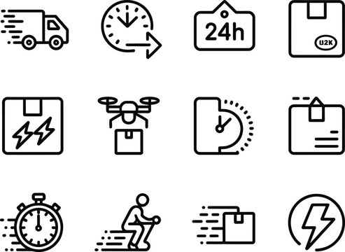 Delivery and logistics icons set with truck drone clock and package symbols