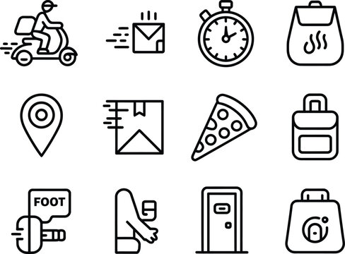 Set of delivery service icons including scooter delivery pizza and stopwatch