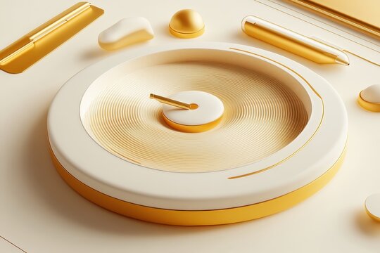 Gold and white abstract design with circular patterns.