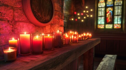 Wall Mural - a tranquil display of illuminated candles casting warm light in a cozy environment. the colors evoke