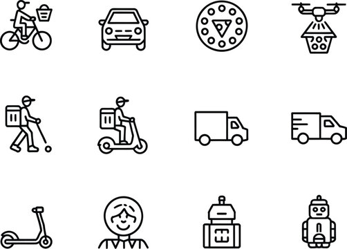 Set of delivery service icons including bicycle scooter car truck drone and people