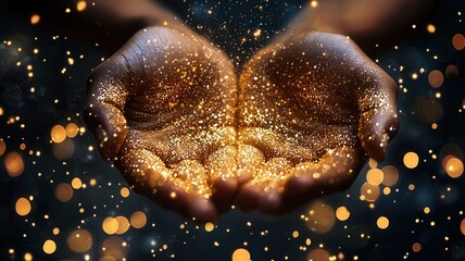 Poster - Hands covered in a holding golden magic dust with sparkling glitter glowing lights on and dark background