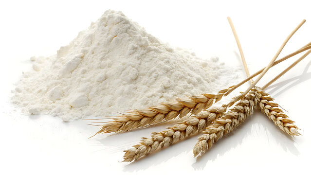 Image is a high-resolution, studio-style photograph with a clean, white background. It features a pile of fine, white flour prominently placed in the center.
